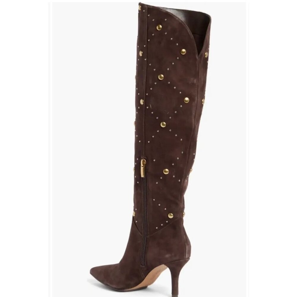 VINCE CAMUTO Brown Suede Studded Knee-High Heeled Boots